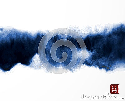 Abstract blue ink wash painting in East Asian style on white background. Grunge texture. Vector Illustration
