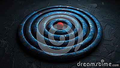 Abstract blue metallic concentric circles with a red sphere in the center, creating a captivating and intricate visual pattern Stock Photo