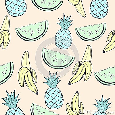 Abstract blue pineapple, green watermelon and banana, fruit in unusual creative colors, vintage seamless pattern, cartoon backgro Vector Illustration