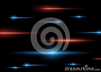 Abstract blue and red horizontal bright rays on dark isolated background. Vector light effect Vector Illustration