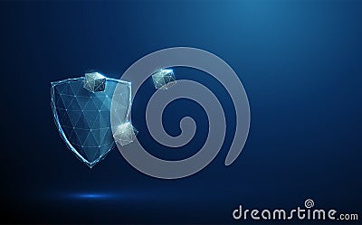 Abstract blue shield and white cubes of sugar Blood sugar control, diabetes type 1, 2, treatment concept Low poly style Vector Illustration