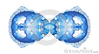 Abstract blue symmetrical watercolor blotch on a white paper. Fine color artistic symmetric background Stock Photo