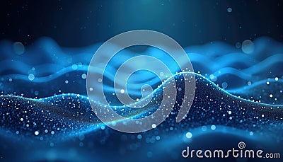 Abstract blue tech background shows dynamic waves, network connections. Flowing lines, particles form futuristic system. Suggests Stock Photo