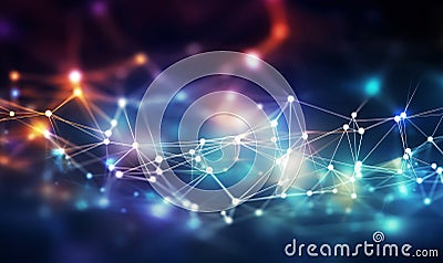 Abstract blue technology background with a cyber network grid and connected particles. Artificial neurons, global data connections Stock Photo