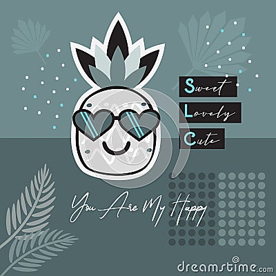 Abstract blue tropical pineapple emoji wearing heart sunglasses card Vector Illustration
