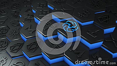 Abstract blue UNUS SED LEO coin cryptocurrency with blockchain network connection in blockchain conceptual 3d illustration Cartoon Illustration