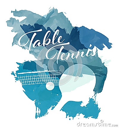 Abstract blue watercolor splashes with table tennis equipment silhouettes Cartoon Illustration