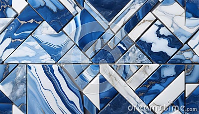 Abstract blue and white marble stone, geometric rectangular marble mosaic background texture, Cartoon Illustration