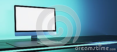 Abstract workplace with empty white mock up computer monitor. Office concept. 3D Rendering Stock Photo