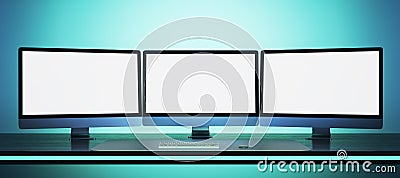 Abstract workplace with three empty white mock up computer displays. Office concept. 3D Rendering Stock Photo