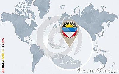Abstract blue world map with magnified Antigua and Barbuda. Vector Illustration