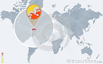 Abstract blue world map with magnified Bhutan. Vector Illustration