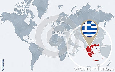 Abstract blue world map with magnified Greece. Vector Illustration