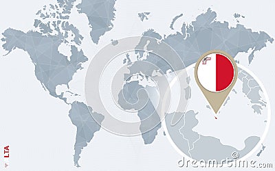 Abstract blue world map with magnified Malta. Vector Illustration