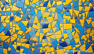 Abstract blue yellow geometric trendy clay broken tiles mosaic seamless background for design. Stock Photo