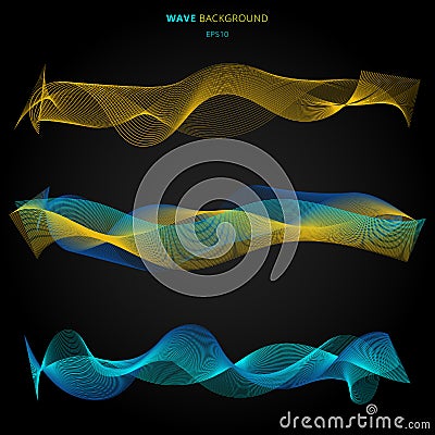 Abstract blue and yellow smooth waves lines elements on black background Vector Illustration