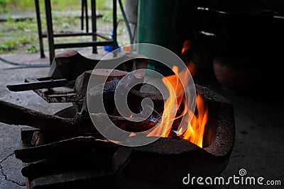 Abstract blur of flames, fire burning wood in stove Stock Photo