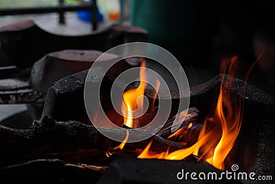 Abstract blur of flames, fire burning wood in stove Stock Photo