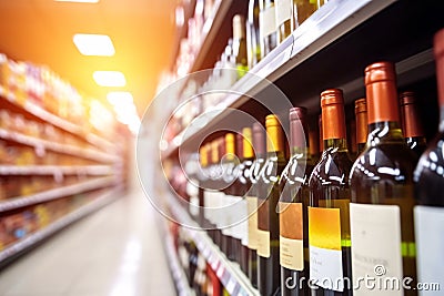 Abstract Blur of Wine Bottles on Liquor Shelves Stock Photo