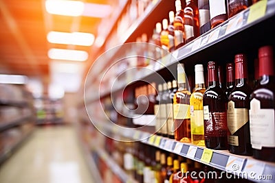 Abstract Blur of Wine Bottles on Liquor Shelves Stock Photo