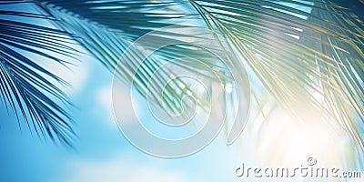 Abstract blurred background with blue sky and sun rays passing through palm leaves. Stock Photo