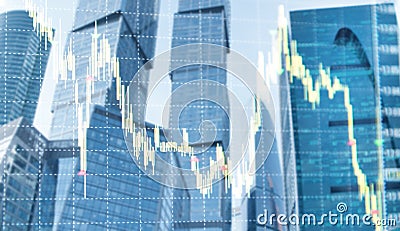 Abstract blurred double exposure of stock graph. Scalper trader trades graphics. Stock Photo