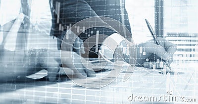 Abstract blurred double exposure of stock graph. Scalper trader trades graphics Stock Photo