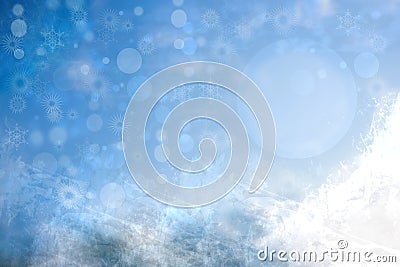 Abstract blurred festive winter christmas background with shiny blue and white bokeh lighted snow mountains landscape with stars Stock Photo