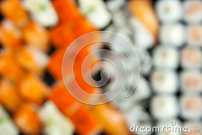 Abstract blurred. out of focus.defocused. Close up fresh juicy delicious sushi set. top view. Stock Photo