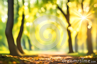 Abstract blurred tree leaves in a natural forest with bokeh light and a sunny backdrop Stock Photo