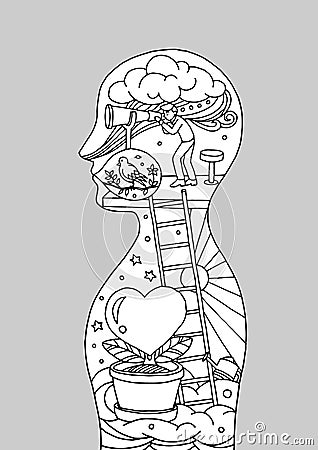 Abstract body mind soul human, world, universe inside your mind, vector hand drawn Vector Illustration