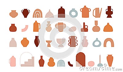 Abstract bohemian art aesthetic design. Arrangements of pottery and ceramic pots and vases Vector Illustration
