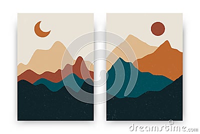 Abstract bohemian mountain landscapes. Contemporary posters, boho background set, modern vector sun moon mountains wall decor Vector Illustration