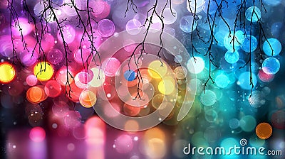 Abstract Bokeh Background with Colorful Lights and Hanging Branches - Generative AI Stock Photo