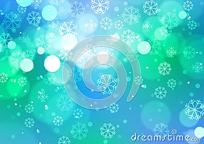 Abstract Bokeh Lights with Snowflakes on Blue Background Vector Illustration