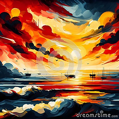 Abstract bold painting art of sunset over the sea with silhouette of boats, waves and clouds, abstraction, design, nature Stock Photo