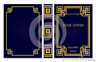 Abstract Book cover and spine design. Vintage old frames and Ornaments. Luxury Gold and dark blue style design. Border to be Vector Illustration