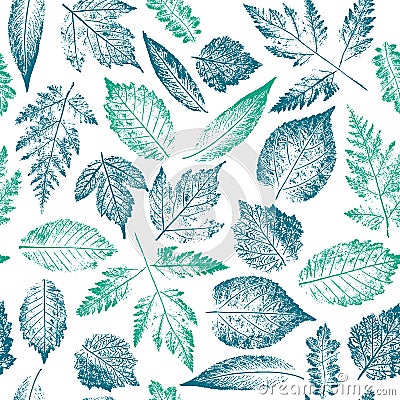 Abstract botanical pattern. Seamless print composed of blue and green stamps of leaves of tree and bush on white background. Brigh Vector Illustration