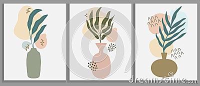 Abstract botanical wall decoration poster set. Collection of three minimalist floral collage with tropical palm branch in vase Vector Illustration