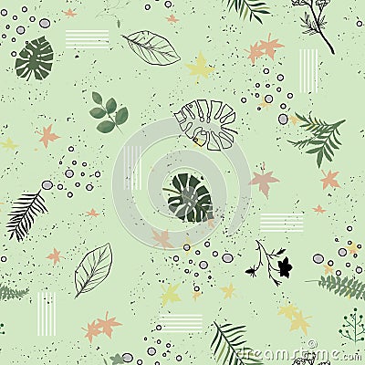 Abstract branches and leaves with geometric style shape seamless pattern Stock Photo