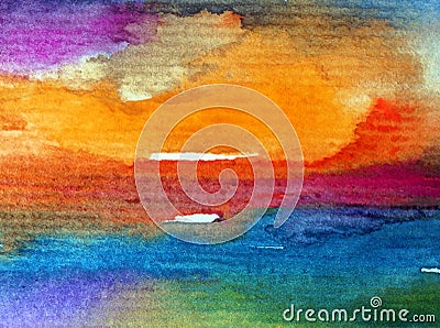 Watercolor abstract bright colorful textural background handmade . Painting of sky and clouds during sunset . Modern cosmic patter Stock Photo