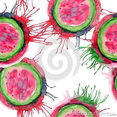 Abstract bright colorful delicious tasty yummy ripe juicy cute lovely red summer autumn cut watermelon with blots and spray patter Cartoon Illustration