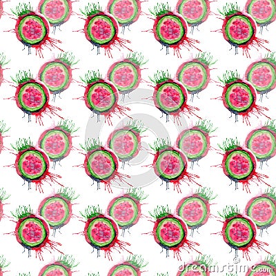 Abstract bright colorful delicious tasty yummy ripe juicy cute lovely red summer autumn cut watermelon with blots and spray patter Cartoon Illustration