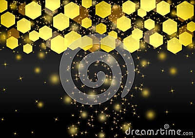 Abstract Bright Golden Lights, Glitters and Bokeh in Dark Background Stock Photo