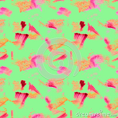 Abstract bright mint seamless pattern with watercolor orange,purple and pink stains.Hand drawn summer street style background Stock Photo