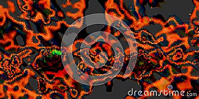 Abstract bright orange mosaic pixel shapes and lines on dark panoramic banner. Thanksgiving retro camouflage Stock Photo