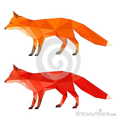 Abstract bright red and ginger polygonal geometric triangle fox set isolated on white background for use in design Vector Illustration