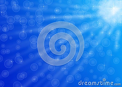Abstract Bright Sunshine, Bubbles and Sparkles in Blue Background Stock Photo
