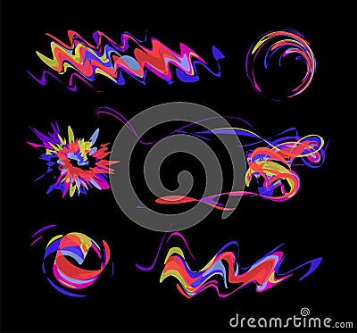 Abstract Brush Paint, Colorful Dynamic Design. Dynamic waves art, modern flow effect. Vector illustrations set on Black Vector Illustration