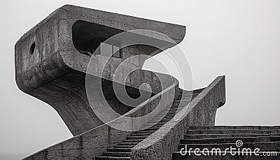 An abstract brutalist structure featuring a large, curved concrete form with a staircase leading to a squared observation platform Stock Photo